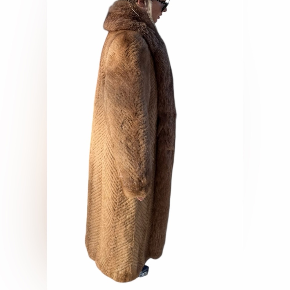 RARE Authentic SAGA Mink Fur Long Coat Camel Brown Herringbone SAGA Fox Trim M - Picture 3 of 14